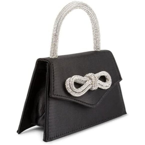 Women's Satin Rhinestone Bow Black Clutch Evening Party Prom Bag - Picture 4 of 8